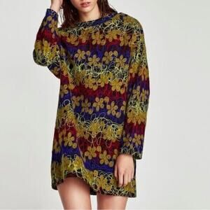 ZARA Sweater Dress Size Medium Embroidered Yarn Flower Knit Boiled Wool Blend